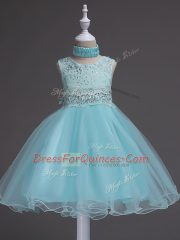 Shining Organza Scoop Sleeveless Zipper Beading and Lace Little Girl Pageant Gowns in Aqua Blue