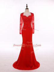 Red Long Sleeves Lace and Appliques Floor Length