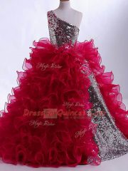 Graceful Ruffles and Sequins Little Girls Pageant Dress Wholesale Wine Red Zipper Sleeveless Floor Length