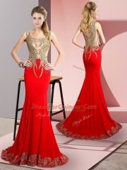 Ideal Red Side Zipper Scoop Beading and Appliques Prom Gown Elastic Woven Satin Sleeveless Brush Train
