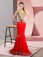 Ideal Red Side Zipper Scoop Beading and Appliques Prom Gown Elastic Woven Satin Sleeveless Brush Train
