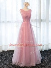 New Style Pink Scoop Neckline Beading and Belt Prom Dress Sleeveless Zipper