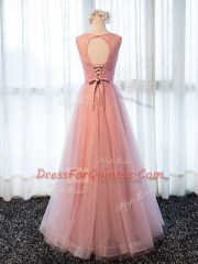 New Style Pink Scoop Neckline Beading and Belt Prom Dress Sleeveless Zipper