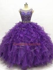 Smart Floor Length Purple Quince Ball Gowns Organza Sleeveless Beading and Ruffles