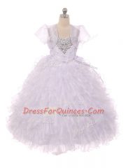 White Sleeveless Organza Lace Up Kids Formal Wear for Wedding Party