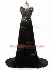 Sleeveless Beading and Lace and Appliques Side Zipper Prom Dresses with Black Brush Train