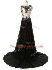 Sleeveless Beading and Lace and Appliques Side Zipper Prom Dresses with Black Brush Train
