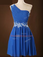 Blue Chiffon Zipper Court Dresses for Sweet 16 Sleeveless Mini Length Appliques and Ruching