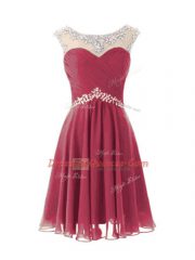 High Quality Burgundy Scoop Zipper Beading Prom Party Dress Cap Sleeves