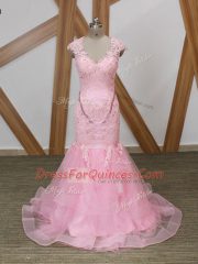 Fantastic Baby Pink Backless V-neck Beading and Lace and Appliques and Ruffles Prom Party Dress Tulle Cap Sleeves