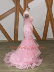 Fantastic Baby Pink Backless V-neck Beading and Lace and Appliques and Ruffles Prom Party Dress Tulle Cap Sleeves