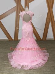 Fantastic Baby Pink Backless V-neck Beading and Lace and Appliques and Ruffles Prom Party Dress Tulle Cap Sleeves