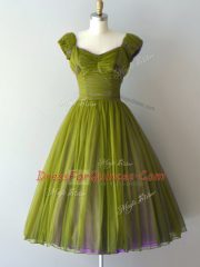 Super Olive Green V-neck Lace Up Ruching Court Dresses for Sweet 16 Cap Sleeves
