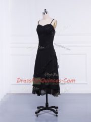 Tea Length Black Prom Gown Chiffon Sleeveless Lace and Appliques