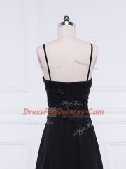 Tea Length Black Prom Gown Chiffon Sleeveless Lace and Appliques