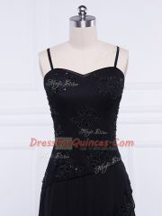 Tea Length Black Prom Gown Chiffon Sleeveless Lace and Appliques