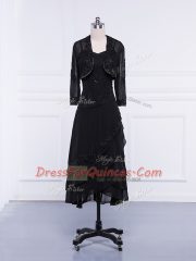 Tea Length Black Prom Gown Chiffon Sleeveless Lace and Appliques