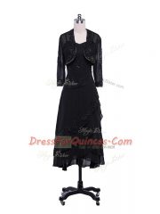 Tea Length Black Prom Gown Chiffon Sleeveless Lace and Appliques