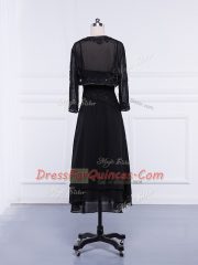 Tea Length Black Prom Gown Chiffon Sleeveless Lace and Appliques