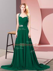 Vintage Dark Green Sleeveless Beading and Ruching Zipper Prom Evening Gown