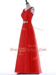 Nice Floor Length Red Dress for Prom V-neck Sleeveless Zipper