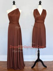 Amazing Sleeveless Floor Length Ruching Lace Up Court Dresses for Sweet 16 with Brown