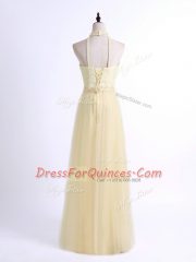 Sophisticated Tulle Halter Top Sleeveless Lace Up Lace and Appliques Court Dresses for Sweet 16 in Light Yellow