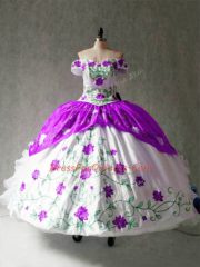 White And Purple Lace Up Sweet 16 Dresses Embroidery and Ruffles Cap Sleeves Floor Length