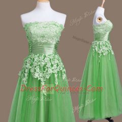 New Style Green Lace Up Strapless Appliques Vestidos de Damas Tulle Sleeveless