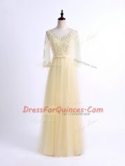 Custom Design Light Yellow V-neck Lace Up Lace Court Dresses for Sweet 16 Half Sleeves