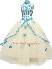 Modest Sleeveless Lace Up Floor Length Lace and Appliques Prom Evening Gown