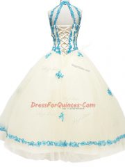 Modest Sleeveless Lace Up Floor Length Lace and Appliques Prom Evening Gown