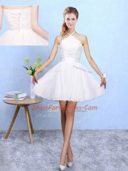 Exquisite White Chiffon Lace Up Quinceanera Court Dresses Sleeveless Mini Length Lace and Appliques