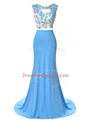 Noble Blue Backless Scoop Hand Made Flower Dress for Prom Chiffon Sleeveless Brush Train