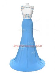 Noble Blue Backless Scoop Hand Made Flower Dress for Prom Chiffon Sleeveless Brush Train