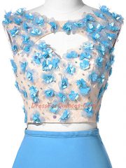 Noble Blue Backless Scoop Hand Made Flower Dress for Prom Chiffon Sleeveless Brush Train