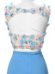 Noble Blue Backless Scoop Hand Made Flower Dress for Prom Chiffon Sleeveless Brush Train