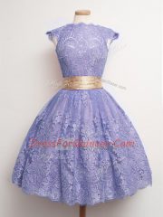 Lace Cap Sleeves Knee Length Quinceanera Court of Honor Dress and Belt