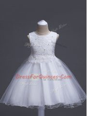 White Flower Girl Dress Wedding Party with Lace Scoop Sleeveless Zipper