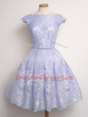 Lavender A-line Lace Dama Dress for Quinceanera Lace Up Lace Cap Sleeves Knee Length