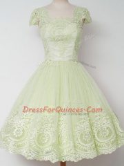 Attractive Lace Vestidos de Damas Yellow Green Zipper Cap Sleeves Knee Length