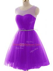 Luxury Tulle Scoop Sleeveless Lace Up Beading and Ruching Prom Gown in Purple