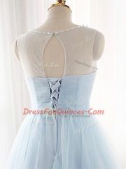 Luxury Tulle Scoop Sleeveless Lace Up Beading and Ruching Prom Gown in Purple