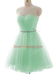 Apple Green A-line Tulle Scoop Sleeveless Beading and Ruching Mini Length Lace Up Prom Dresses