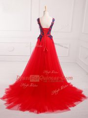 Best Sleeveless Brush Train Lace Up Lace and Appliques Dress for Prom