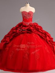 Extravagant Sweetheart Sleeveless Court Train Lace Up Quinceanera Dresses Red Taffeta and Tulle