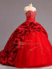 Extravagant Sweetheart Sleeveless Court Train Lace Up Quinceanera Dresses Red Taffeta and Tulle