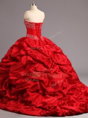 Extravagant Sweetheart Sleeveless Court Train Lace Up Quinceanera Dresses Red Taffeta and Tulle