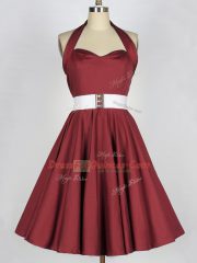 Flirting A-line Dama Dress Burgundy Halter Top Taffeta Sleeveless Knee Length Lace Up