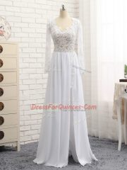 Traditional Empire Evening Dress White V-neck Chiffon Long Sleeves Floor Length Zipper